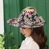Chapéus de aba larga femininos de bambu dobrável de mão chapéu de sol portátil estilo chinês moldura floral impresso chapéu de sol para viagens