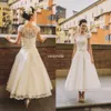 50 s Style Rétro Vintage Robes De Mariée 2020 Cap Manches Dentelle Perles Boutons Court Cheville Longueur Sash Organza Robe De Mariée289z