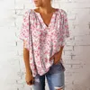 Blusas femininas estampa floral com decote em V t-shirt elegante design plissado solto ajuste verão top para mulheres streetwear moda