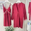 Vrouwen Nachtkleding Zomer Vrouwelijke Twinset Gewaad Nachthemd Set Sexy Kant Kimono Badjas Toga Nachtkleding Losse Satijn Thuis Jurk Loungewear