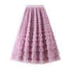 Jupes jupe femme ete 2023 printemps fête jupe élastique taille haute longue Tulle femmes multicouche volants rose maille Tutu dames 230720