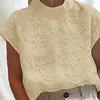 Camicette da donna Camicette a collo alto con ricami vintage Camicie da donna 2023 Summer Fashion Cotton Linen Ladies Casual Mezza manica Pullover Top