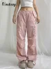 Kvinnor byxor capris weekeep sommar baggy lastbyxor låg stigning dragsko mode ficka casual byxor kawaii rosa kvinnors byxor y2k estetik 230719