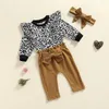 Kläder sätter fokusnorm 3st babyflickor Autumn Clothes Leopard Print Ruffles långärmad pullover toppar solida byxor pannband 0-24m