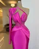 Elegant Fuchsia Satin Sheath Celebrity Evening Dresses Gorgeous Sequins Beading Arabic Aso Ebi One Shoulder Long Sleeve Formal Party Gowns Fitted Prom Dress CL2638