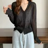 Kvinnors stickor Tees Summer V Neck Cardigan Women Casual Transparenta tröja Skjortor Lady Simple Thin Solid Outwear Female Crop Top 230720