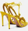 Лето Aquazzura Disco Dancer Sandals Shoes Женщины платье свадебные бусины хрустально вставленные голеностопные галстуки Стилетто.