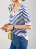 Koszula damska Plus T Shirt V Nurka Cienka dzianina koszulka Kobieta Hit Kolor patchwork w paski koszulki Letnie rękawy Koreańskie modne odzież 230719