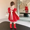 Summer Toddler Girls Petal Sleeve Loose Dress Abiti casual arruffati Solid Back Bowknot A Line Abiti Bambini Outfit 2-7Y