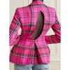 Women's Jackets Pink Plaid Slim Jacket Sexy Backless Hollow Single-Breasted Square Collar Beaded Short Coat 2023 Spring Summer Brand Clothes