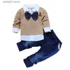 Kläder sätter barnkläderpojkarnas hösttröjor Denim Set Gentlemen's Bow Ties Fake Two Pieces of Children's Clothing T230720