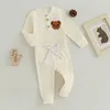 Kledingsets Schattige babyjongen 2-delige outfit Beerborduurwerk Geribbelde rompertjes met lange mouwen Elastische broek Herfst lente kledingset