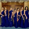 Royal Blue Ons Satynowa syrenka syrena Druhna Sukienki 2020 Rucha podłogi długość Plus Size Wedding Guest of Honor Solens257x