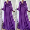 Simples Elegante Chiffon Roxo Vestidos de Baile Linha A Manga Longa Bufante Decote em V Drapeado Império até o Chão Vestido de Festa Formal Festa G236m