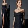 Seksowna bokska szczelina długie rękawy koronkowe sukienki wieczorowe czarne kobiety szyfonowe formalne koronkowe suknie wieczorowe China szatę de soiree abendkleider258e