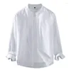 Mäns avslappnade skjortor 2023 Spring Summer Linen Shirt Pure White Stand Collar Långärmning Henley Mjuk bekväm enkel smal mode