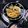 Forsining diamant Dragon affichage doré squelette lumineux main hommes montre noir en cuir véritable étanche mécanique montre Clock288g