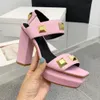 Button-Detail calfskin ankle strap platform sandal Fashion Metal square buttons 12cm Chunky high heeled sandals Summer luxury designers shoe leaky toe women's shoes