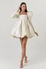 Basic Casual Dresses Puff Sleeves Princess Dress Women Party Dress Evening Chic Square Collar Ball Gown Mini Beige Satin Pleated Dresses Ladies 230719
