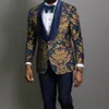Gold Jacquard Men Suits Shawl Lapel Slim Fit Groom Tuxedo Male Fashion Prom Compuume Blazer Vest With Pants1275f