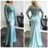 Bateau Hals Lange Mouwen Slanke Avondjurk Kant Applicaties Mermaid Moeder Bruid Jurken Elegante 2019 Prom Gown Vestidos De 350C