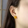 Stud Earrings Selling Natural Hand-carved Gold Color 24k Inlay Jade Yellow Studs Fashion Jewelry Men Women Luck Gifts