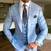 Tre pezzi Abiti da uomo Smoking casual da lavoro Blu Plaid Slim Fit Groom Party Coat Abiti da lavoro su misura Abiti da sposa295P