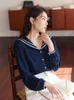 Bluzki damskie Dushu Sailor Collar Woman Blue Long Rleeve Prosto 2023 Spring Single Bered Tops Szyfonowa bluzka