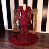 2023 Burgundy Lace Sequin Mermaid Galajurken Zwart Meisjes V-hals Lange Mouwen Sweep Train Formele Avondjurken Real Image BC15403228Z