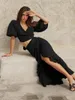 Work Dresses Summer Outfits For Women 2023 Black Ruffled Linen Long Skirts Sets 2 Pieces Puff Sleeve Sexy Crop Tops Slit Suits