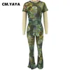 Women's Two Piece Pants CM.YAYA Tie Dye Floral Printed Women's Set Short Sleeve T-shirt and Flare Pants Summer Two 2 Piece Set Outfits Tracksuit 230719