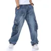 2020 nova marca de estilo japonês calça cargo jeans reta jeans jeans masculino folgado solto jeans azul com bolsos laterais jeans masculino MX20203C