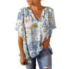 Blusas femininas estampa floral com decote em V t-shirt elegante design plissado solto ajuste verão top para mulheres streetwear moda