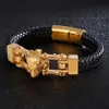 12mm de large ton or en acier inoxydable 316L tête de loup Bracelet Bracelet cadeau noir Lenther poignet Bracelet cadeau 8 26 273h