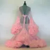 Sexy Women Ruffles Pink Sleepwear For Prom Dress Women Bathrobe Sheer Nightgown Long Sleeve Evening Dress Robe Prom Bridesmaid Sha237D