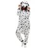 Dalmatiska hundkvinnor och mäns djur Kigurumi Polar Fleece Costume för Halloween Carnival New Year Party Welcome Drop 256p