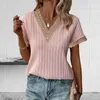 Women's Blouses Summer Top Chic Streetwear Pleated V-neck Tee With Lace Neckline Short Sleeve T-shirt For A Loose Fit Stylish Look