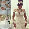 Azzaria Haute Couture Nigeria Trouwjurken Zeemeermin Lange mouw Hoge hals 3D Floral Lace Grote maten Arabische bruidsjurken Fishtail 259w