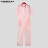 Män s byxor incerun 2023 amerikansk stil män jumpsuits sexig mode rand se genom mesh rompers casual lös kortärmad bodysuit s 5xl 230719