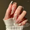 False Nails 24Pcs Simple Pink Press On Shiny Glitter Nail Long Almond Fake With Glue Wearable Acrylic Full Cover Tips