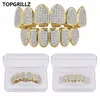 Hip Hop Iced Out CZ Gold Teeth Grillz Caps Top and Bottom Diamond Tooth Grillzs Set For Men Women Gift Grills2376