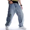 Herr jeans y2k multi porkets överdimensionerade loss brädbyxor denim baggy casual hip hop streetwear byxor retro blå full längd