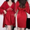Vrouwen Nachtkleding Zomer Vrouwelijke Twinset Gewaad Nachthemd Set Sexy Kant Kimono Badjas Toga Nachtkleding Losse Satijn Thuis Jurk Loungewear