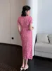 Blusas Femininas de Luxo Cinto Vestido de Renda Fino Rosa 2023 Chegada Vintage Gola Quadrada Vestido Midi Bodycon Roupa de Festa Verão INKEO 3D047
