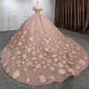 Luxe Rose Scintillant De Luxe Quinceanera Robes Applique 3D Fleurs Hors Épaule Robes De 15 Anos Fête D'anniversaire Robe De Bal