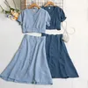 Arbeitskleider Sommerkleid Sets Twomen Zweiteilige kurze Puffärmel Crop Tops mit Röcken Anzug Solide Csauale Damenbekleidung Vintage Outfits