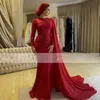 Parlak kırmızı payet Müslüman gece elbiseler Orta Doğu Arap gece elbisesi Cape High Boynlu Uzun Kollu Vestidos De Noche337n