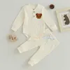 Kledingsets Schattige babyjongen 2-delige outfit Beerborduurwerk Geribbelde rompertjes met lange mouwen Elastische broek Herfst lente kledingset