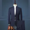 Conception bleu marine hommes costumes de mariage col montant Slim Fit marié Tuxedos robe masculine bal homme Blazer 2 pièces ensemble hommes Blazer259T