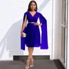 Ethnic Clothing Summer African Dresses For Women Sexy Cloak Sleeve Polyester V-neck Blue Khaki Rose Red Knee-length Dress With Belt